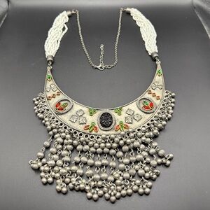 Ornate Silver Tone Statement Necklace with Bold Accents